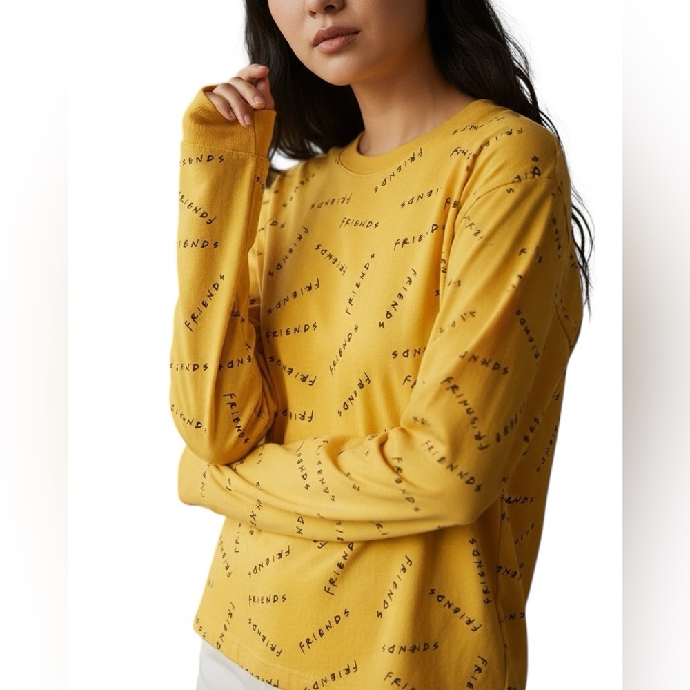 FRIENDS T-Shirt 90s TV Gold Cropped Long Sleeve Size Medium Crew Neck